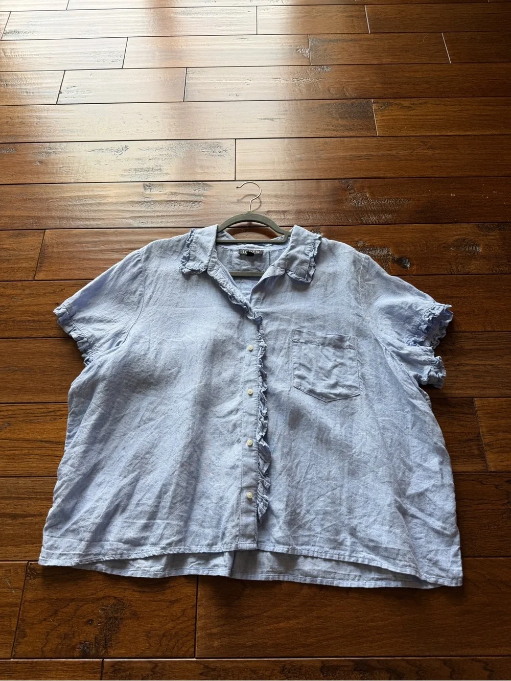 J. Crew Soft Light Blue Short-Sleeve Linen Button Shirt w/Ruffle Detail Size 2x